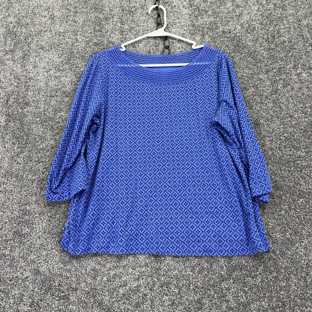 Croft & Barrow Top Womens XL Blue Geometric Crochet Boat Neck 3/4 Sleeve Tunic